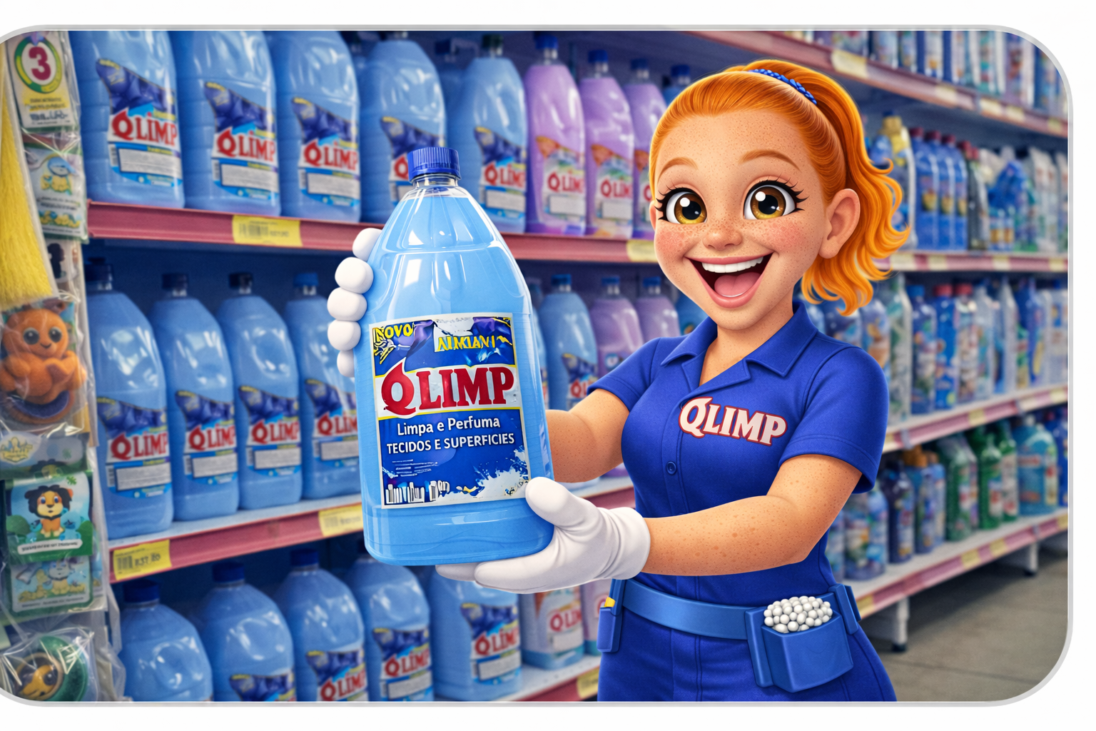 funcionária animada na seção de limpeza